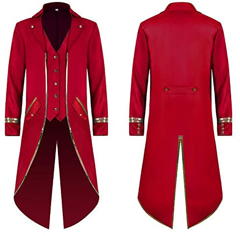 FYMNSI Herren Gothic Steampunk Frack Mantel M?nner Langes Smoking Mittelalter Viktorianischen Retro Jacke mit Waistcoat Uniform Karneval Fasching Halloween Kost?m Party Cosplay 2# Rot XL