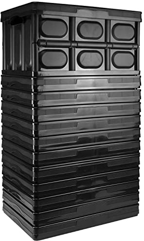 TekBox 30L Black Storage Box with Lid Folding Stackable Crate Tub (12) | Measures 42.5cm x 29cm x 23.5cm, Collapses down to 5cm, Made from lightweight plastic