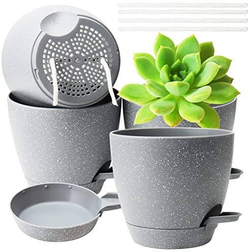 ZEONHEI Lot de 4 Pots de Fleurs d'intérieur en Plastique avec Soucoupe et réservoir d'eau - 15 cm - avec arrosage Automatique - pour Plantes d'intérieur - Gris