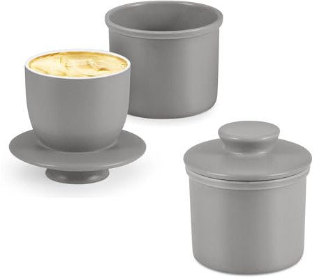 Flexzion Porcelain Butter Crock Butter Keeper, French Butter Dish with Lid, Tabletop Spreadable Soft and Fresh Water Sealed Butter Holder Cafe Retro Collection Farmhouse Decor 2 Pack (Gray)