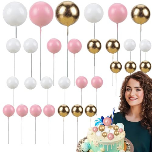 Norhogo 30pcs Mini Colorful Foam Balloon Cupcake Diy Ball Topper, DIY Cake Insert Topper Baking Decoration White Pink Gold Cake Decorations for Birthday Party Anniversary Cake Decor