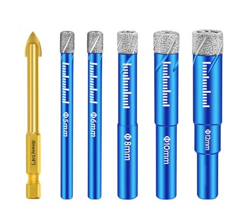 Lot de 5 forets diamantés pour carrelage 5/6/8/10/12 mm avec foret en carbure de 6 mm pour céramique, granit, verre, porcelaine, carrelage, grès cérame