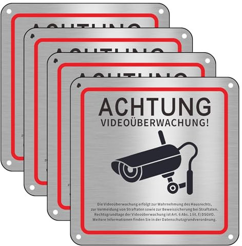 Videoüberwachung Schild, 4 Stück Privatgrundstück, 15x15cm Aluminium Achtung Kameraüberwachung für Überwachungskamera Oder Kamera Attrappe
