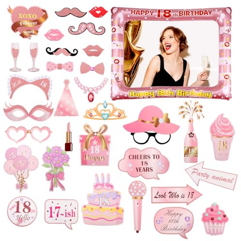 18th Birthday Photo Booth Props, Rose Gold Birthday Decorations for Women, Giant Inflatable Selfie Frame, 33PCS Birthday Party Photo Props for 18th Birthday Party Decorations and Gifts