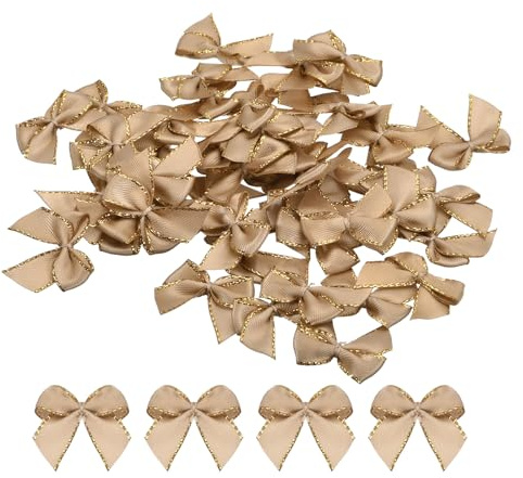 QUARKZMAN 100 Stück Mini Schleifen 25mm Satinband Bögen mit Silberlinien Rand Kleine Weihnachtsbaum Schleife Geschenkschleifen Schmuck zum Basteln DIY Haarschleife Party Geschenk, Braun
