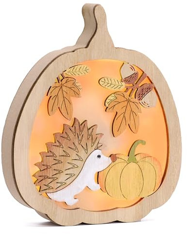 Valery Madelyn Holz Stimmungsleuchten für Herbstdeko,3D Kürbis LED Ornament,Igel Deko für Herbst Dekoration Innen,Fall Decor Tisch Fenster,Geschenk für Halloween Erntedank,15cm