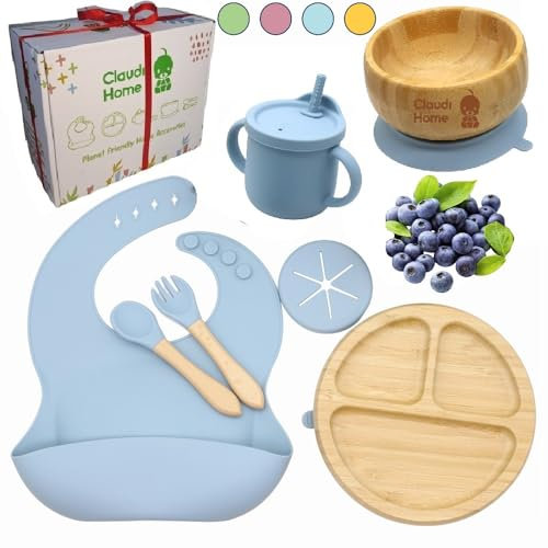 Conjunto de mesa para bebé. Babero de silicona, plato y bol de bambú natural, antibacterias con ventosa, cuchara y tenedor de silicona suave y blanda con mango de bambú. Caja de regalo. (Azul)