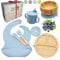 Coffret repas bebe en Bambou Naturel et Silicone Sans BPA - Vaisselle bebe - Bol et Assiette Bambou Antibactérien avec ventouse, Bavoir, Fourchette, Cuillère et Tasse en Silicone. Bleu