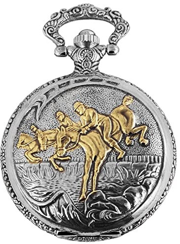 Excellanc Motiv Taschenuhr Reiter Pferde Motiv + Kette und Clip Weiß Silber Gold Sprungdeckel Analog Quarz 9480812000053