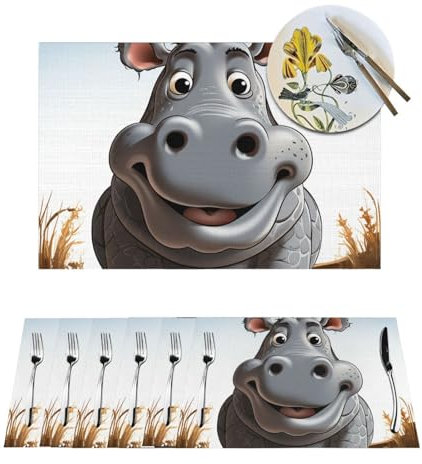 Platzsets mit Cartoon-Nilpferd, hitzebeständig, waschbar, PVC, rutschfest, abwischbar, Vinyl, gewebt, Küchentischmatten für drinnen und draußen, Party, Esstisch, 30,5 x 45,7 cm, 1 Stück