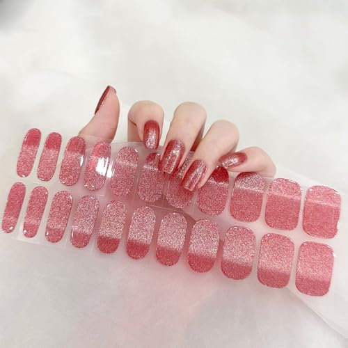 Boloshine Semi Cured Gel Nail Stickers, 22Pcs Glitter Self-Adhesive Nail Wraps, Salon-Quality UV Gel Nail Stickers, Long Lasting French Manicure Stickers UV/LED Lamp Required (Sparkling Rose Pink)