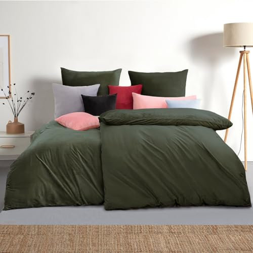 Soifox Winter Flanell bettwäsche 135 x 200 4teilig - Olivgrün Flauschige und Warme Cashmere Touch Bettbezug 2er Set + Kissenbezug 2er Set 80x80 cm mit Reißverschluss