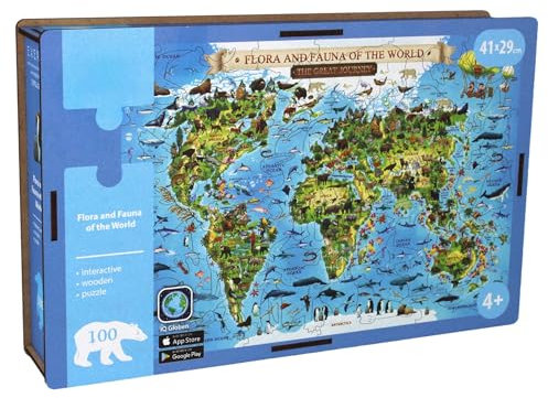 EXERZ 100pcs Wooden Puzzles A3 (41x29cm), Featuring “Flora & Fauna”, Wooden Jigsaws World Map Interactive AR feature with free iOS App