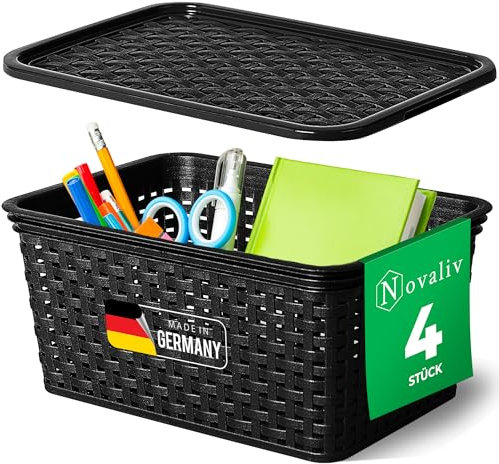 Novaliv 4er Set Elegante Aufbewahrungskörbe mit Deckel in Rattan-Optik | Schwarz Lebensmittelecht Kunststoff 5L ? für Büro und Zuhause. Vielseitige Kisten zur Aufbewahrung. Ideale Aufbewahrungsbox