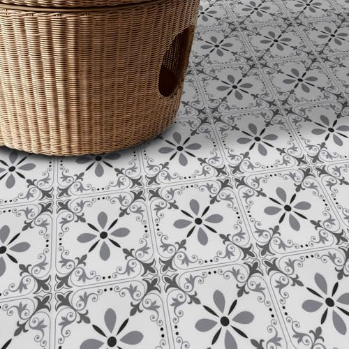 Alwayspon Vinyl Flooring 10 sheet 12inch/30cm White and Black Waterproof Non-slip Floor Tiles Decal for Kitchen Bathroom Living Room, Self-adhesive Peel and Stick Vinyl Tile Sticker