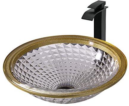 CGCSYZ Rundes Badezimmer-Waschbecken, Waschtisch-Waschbecken mit schwarzem Wasserhahn, künstlerisches Waschbecken-Set aus Kristallglas, Aufsatzwaschbecken mit Zubehör
