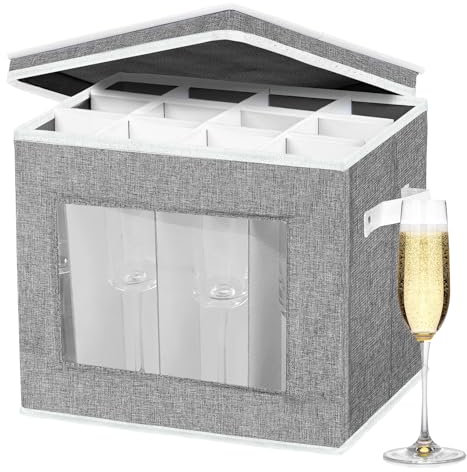 Champagne Flute Storage Box with Dividers, Champagne Glass Storage Container, Hard Shell Stemware Storage Case Organizer Service for 12 Crystal Champagne Flutes Storage and Organization (Grey)
