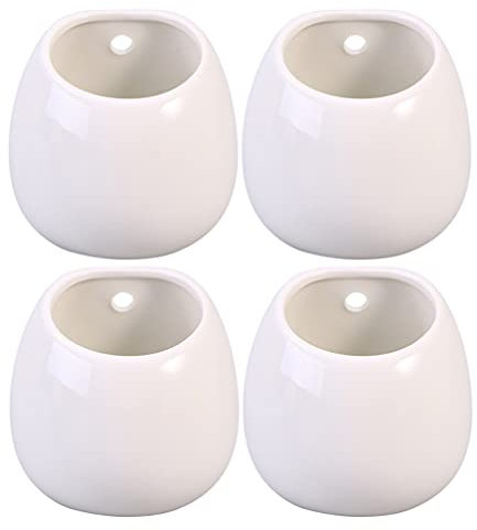 Lot de 4 pots de fleurs à suspendre en céramique pour intérieur et extérieur - Support mural pour plantes avec vase en céramique blanc - Pots à suspendre au mur ou à la clôture