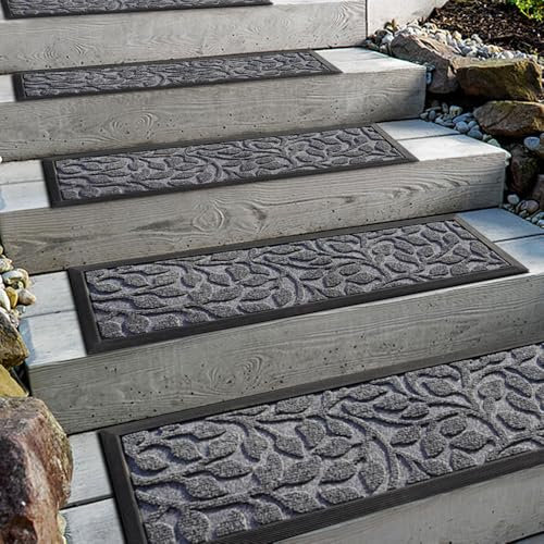 Aucuda 6er Set Stufenmatte Außen aus Gummi, 76 x 22 cm Wetterfeste & rutschfeste Treppenstufen Matten, Anti-Rutsch Wärmedämmung Gummimatten für Outdoor, Antirutschmatten Graue Florale Treppenmatte.