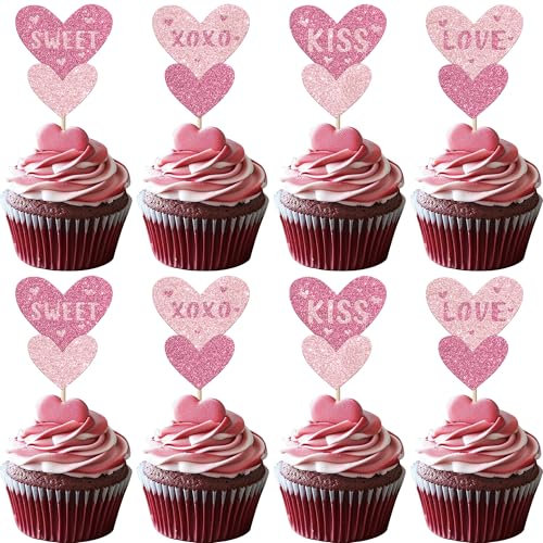Xsstarmi 24 Pack Love Heart Cupcake Toppers Glitter Heart Kiss Me Cupcake Picks Sweet Love Cupcake Decorations for Wedding Engagement Bridal Shower Valentine's Day Party Cake Decorations Pink