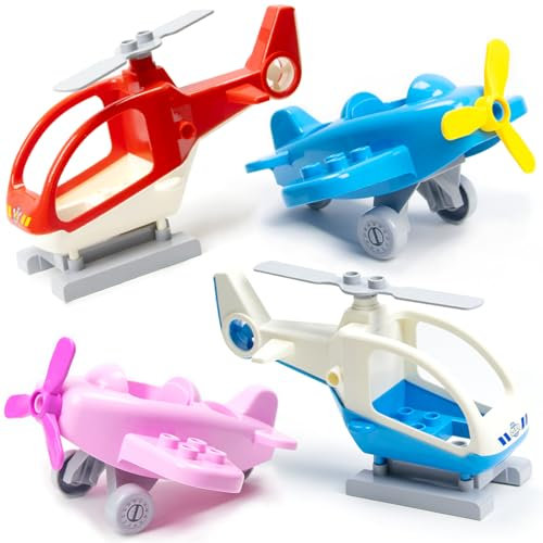 Mirthben 4 pièces Avion pièces, Grandes Pierres avec 2 hélicoptères + 2 Avions de Combat, rotatifs rotors et Roues, Compatible avec Duplo, pièces Accessoires Jouet pour Enfants de 3 Ans et Plus
