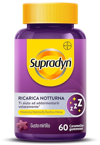Supradyn Ricarica Notturna, Melatonina per dormire, 60 Caramelle Gommose | Adulti, Passiflora, Melissa, Vit B6, Sonno e Jet Lag, 1/prima di Dormire, Gusto Mirtillo, No Zuccheri, No Glutine e Lattosio