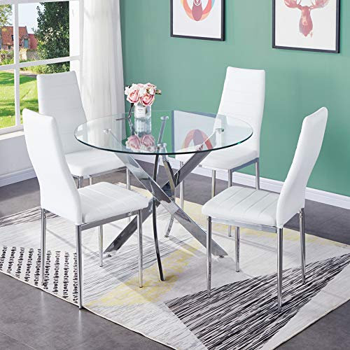 GOLDFAN Ensemble Table à Manger en Verre Ronde avec 4 Chaises Blanches, Base Chromée, Style Moderne, 80 cm