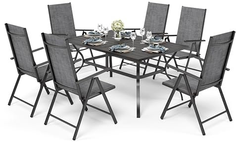 PHI VILLA Gartenmöbel Set Balkonmöbel Gartentisch mit Stühlen 152×95 Metall Gartentisch mit 7-Fach Verstellbar Hochlehner Klappbar Stühle Sets of 6, Terassenmöbel Außen Wetterfest Grau