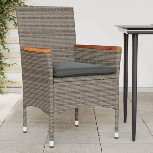 Myheimly Gartenstühle mit Kissen 2 STK. Grau Poly Rattan Holz-Armlehne