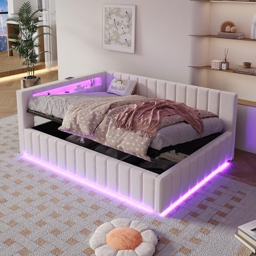 Oxtao Polsterbett Schlafsofa 140x200, Doppelbett mit Hydraulischem Stauraum, mit LED-Licht und USB-Ladefunktion, Tagesbett Jugendbett mit Lattenrost, Samtstoff, ohne Matratze (Beige)