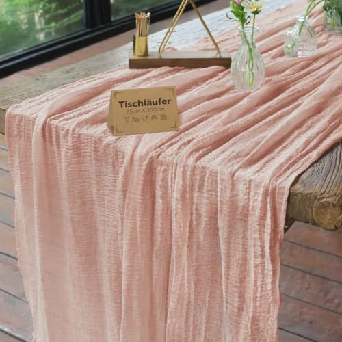 aboveBED 85cm x 300cm Musselin Käsetuch Tischläufer Dekostoff Rosa | Boho Gaze Waschbar Tischdeko Tischband für Hochzeit, Geburtstag, Kommunion, Taufe, Party, Weihnachten & Silvester Dekory
