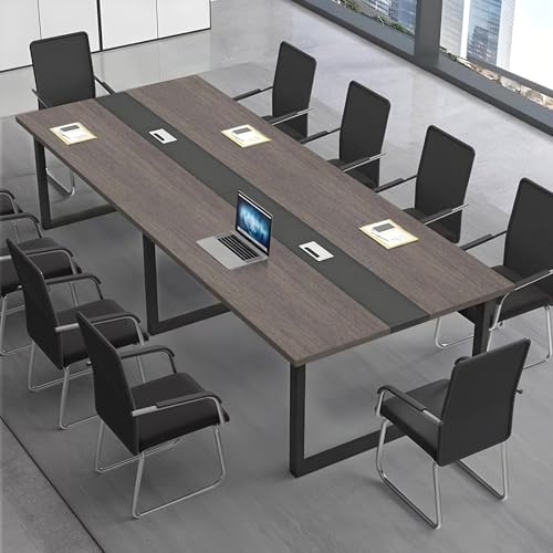 CCUKTFN Großer Konferenztisch, Moderner Besprechungstisch mit Kabelkanal und Schwarzem Metallrahmen für 8–12 Personen, Rechteckiger Seminar-Tisch für Büro, Konferenzraum