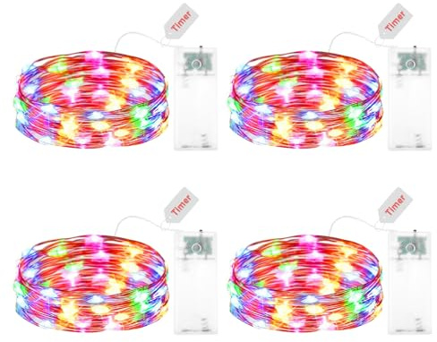 Kaleora 4 Stück LED Lichterkette Batterie mit Timer, 2M 20 LED Micro Kupferdraht Lichterkette Batteriebetrieben, Bunt Lichterketten mit Timer für Weihnachten Hochzeit Kinderzimmer Party Deko