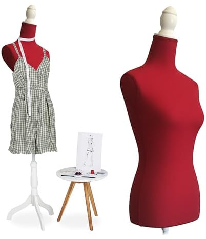 Relaxdays Schneiderpuppe, weiblich, Größe 36/38, höhenverstellbar 160–175 cm, mit Holzständer, Schaufensterpuppe, rot
