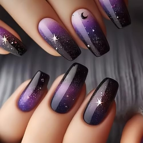 Viugex 24 Stück Nägel zum Aufkleben Mittel Sarg, Schwarz Lila Farbverlauf Press on Nails mit Mond & Stern Design, Full Cover Acryl Fake Nails Set, Künstliche Nägel für Frauen Mädchen Nail Art