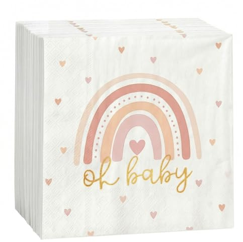 COMOOKA 40 Stück Oh Baby Servietten Babyparty Mädchen mit Regenbogen Motiv | 2-lagige Papierservietten mit Boho-Regenbogen Design, Baby Shower Deko, Babyparty Tischdeko für Babyshowerparty, Taufe