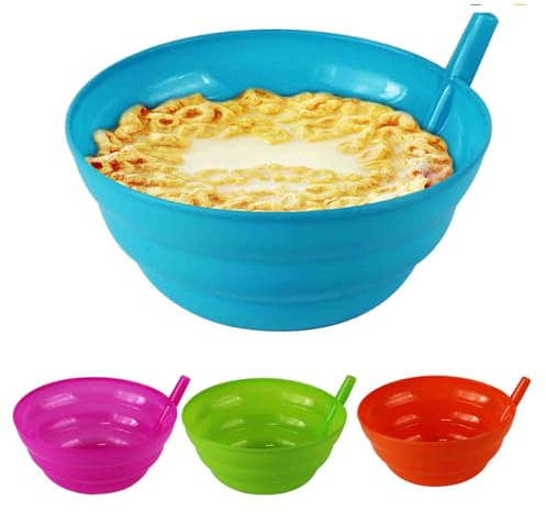 APXB Built in Straw Plastic Sip-a-Bowl Stop Liquid Spills Cereal Milk, Ice Cream - Makes Breakfast/Snack Time Easy Dishwasher Safe - Blue, Pink, Green,Red 4-Pack