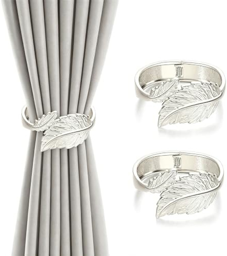 pclapora 2 Stücke Vorhang Raffhalter Silber Blätter Gardinen Raffhalter | Metallfeder Vorhangclips Dekorative Vorhanghalter für Vorhänge für Zuhause Outdoor-Vorhangdekoration