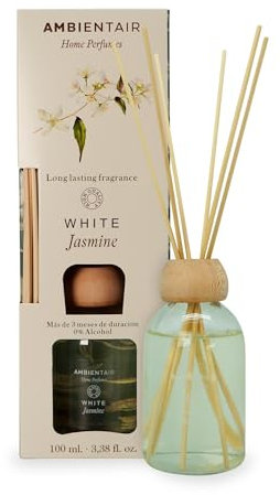 Ambientair Mikado Ambientador para Hogar, Aroma Jazmín, Cristal, Verde, 8 x 8 x 24 cm