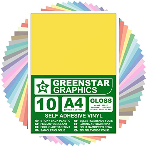 GREENSTAR GRAPHICS GLOSSY A4 STICKY BACK PLASTIC SELF ADHESIVE ART & CRAFT VINYL (10 SHEET PACK). Compatible With 12” Cricut, Silhouette Cameo/Curio/Portrait, Scan N Cut (YELLOW GLOSS 10 A4)