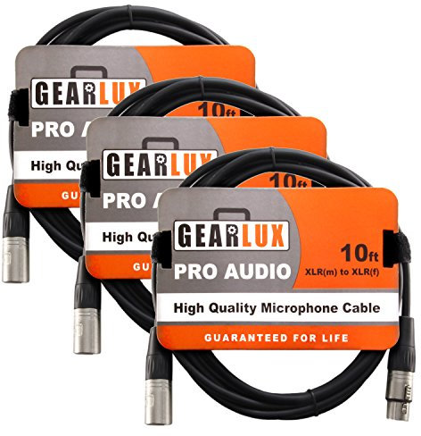 Gearlux 10-Foot Balanced XLR Microphone Cable with Oxygen-Free Copper Conductor - Male to Female - 3 Cables