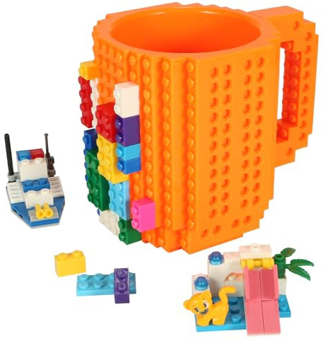 Lumsburry Build-on Brick Coffee Mug, Funny DIY Novelty Cup with Building Blocks Creative Gift for Kids Men Women Xmas Birthday (Orange)