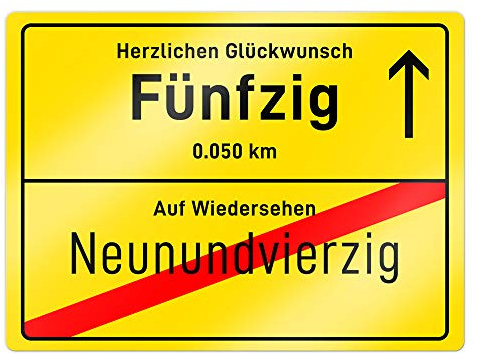 Casa Vivente Ortsschild mit Aufdruck zum 50. Geburtstag – Aluminium-Schild – Farbe: Gelb – Türschild und Wand-Dekoration – Geschenkidee für Männer und Frauen – Maße: 20 x 26,5 cm