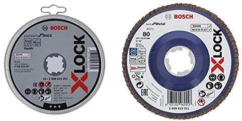 Bosch X-Lock Trennscheibe Standard for Inox, W A 60 T BF, Ø 125 mm, gerade+gerade Fächerschleifscheibe Best (für Metall, X-LOCK, X571, Ø125 mm, Körnung K80, BohrungsØ 22,23mm)