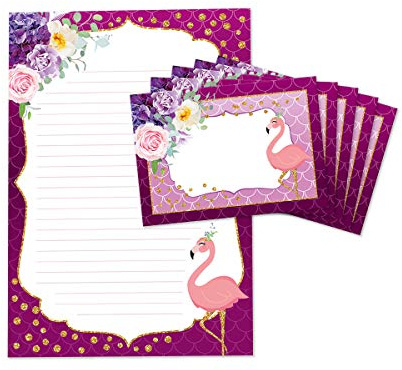 JuNa-Experten Briefpapier-Set für Kinder Flamingo – A4 Block mit 25 Blättern und 15 Umschlägen - Briefpapier für Kinder, personalisiertes Briefpapier für Mädchen und Jungen