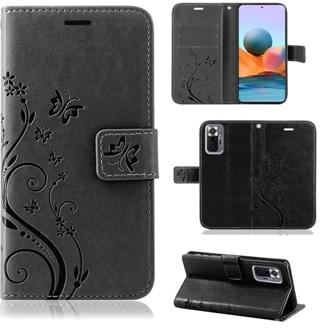 betterfon Hülle Kompatibel mit Xiaomi Redmi Note 10 Pro | Premium PU Leder Handyhülle Wallet Case für Redmi Note 10 Pro | Schutzhülle Blumen Klapphülle Handyhülle | Schwarz