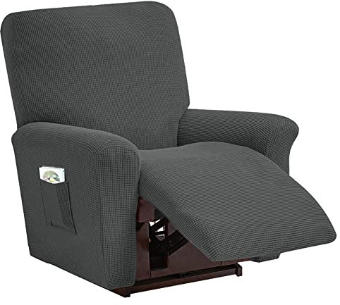 JHLD Stretch Sesselbezug Relaxsessel 4 Stück, Ruhesessel Bezug Jacquard Ruhesessel Bezüge Mit Elastischem Boden Relaxsessel Bezug Mit Seitentasche-Dunkelgrau-Ruhesessel