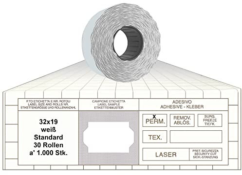 Preisauszeichner Etiketten 32x19 Standard weiß 30 Rollen permanent Preisetiketten für Print Tovel Printex Contact Meto Blitz