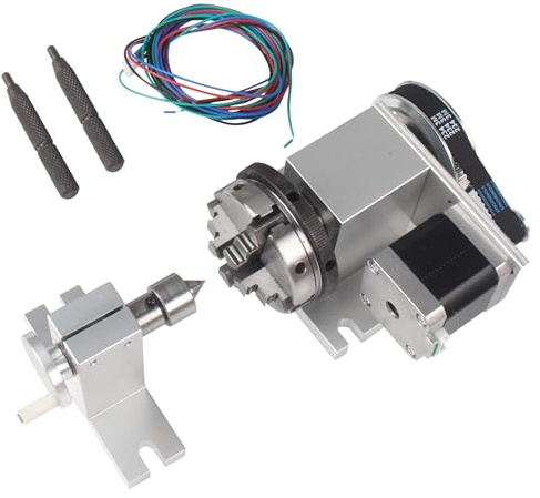 RATTMMOTOR Reduzierverhältnis 4:1 CNC 4thAchse AAchse RotationsAchse, 4 Backen K1265 mm Bohrfutterspitze Indexierkopf mit Nema17 2Phasen4DrahtSchrittmotor + 54 mm Reitstock für