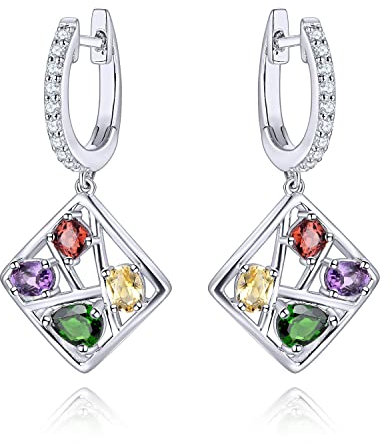 LP LOHASPIE Ohrclips für Damen Mädchen S925 Fassung 4 Körner Natürlicher Edelstein Chromdiopsid Granat Citrin Amethyst Rhodinierter Zirkonia Ohrring Edler Schmuck Geschenke für Sie (Farbenfroh)